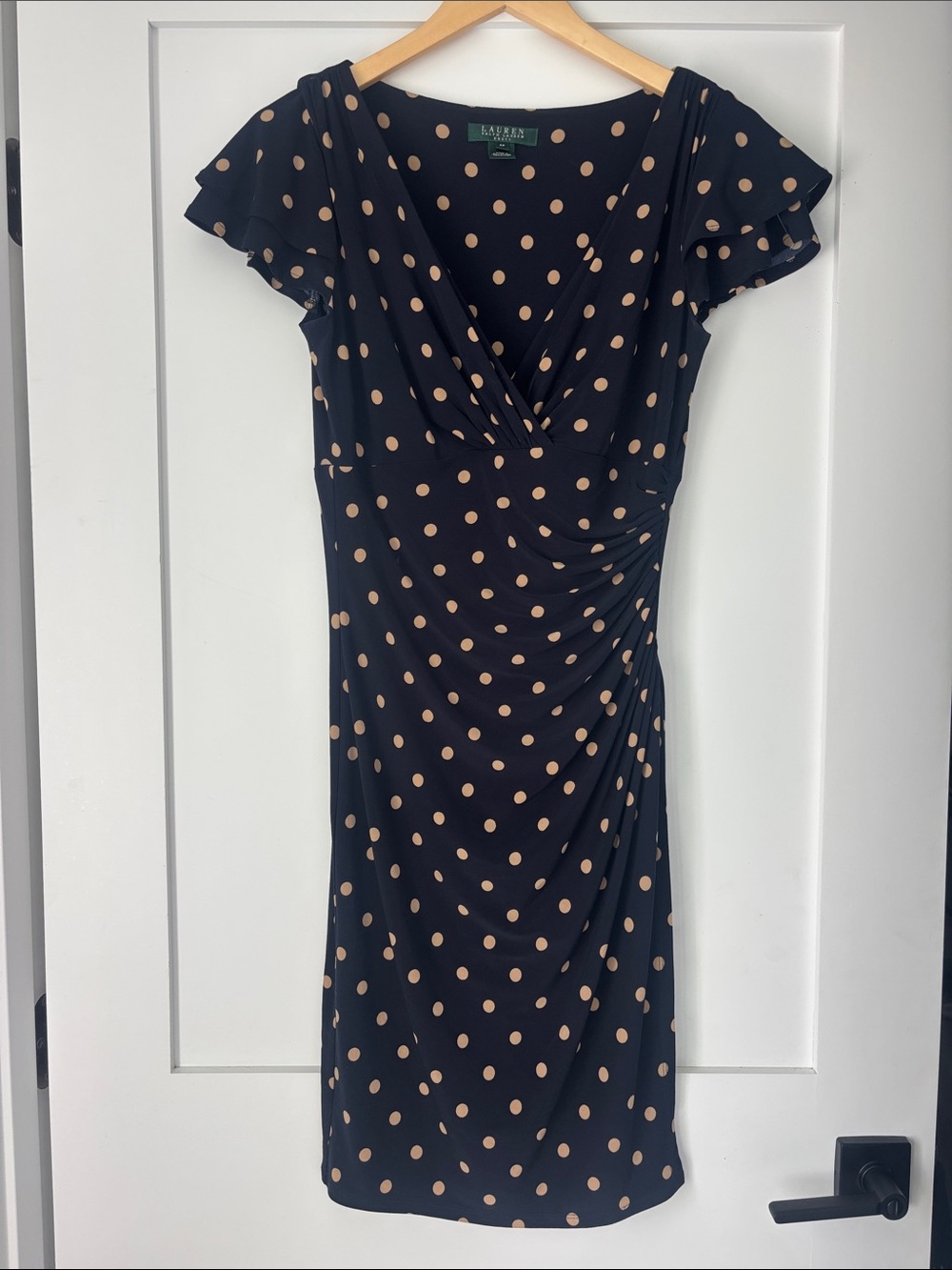 Lauren Ralph Lauren Navy Tan Polka Dot Ruched Faux Wrap Dress 6P